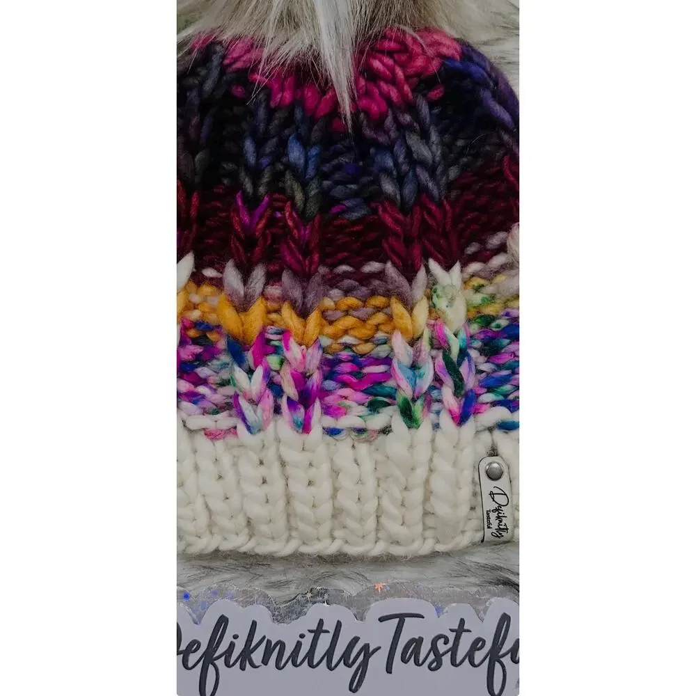 Handmade Neon Merino Wool Beanie: Colorful Winter Hat with Faux Fur Pom